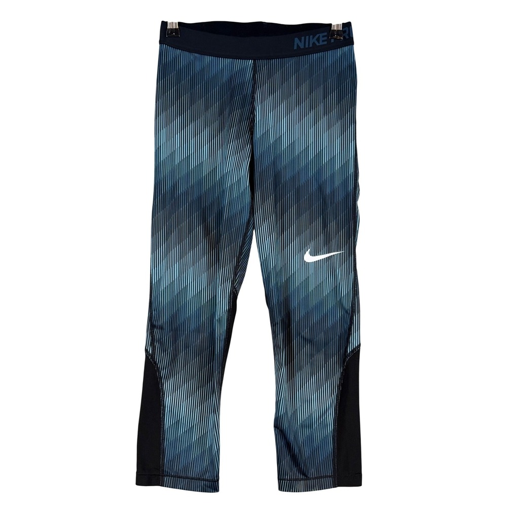 Nike Pro‎ Dri-FIT Womens Blue Black Stripe Cropped Leggings •Small• Athleisure